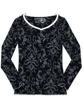 Erge Black & White Fleur De Lis Floral Flower Long Sleeve Shirt Blouse Tee Sz S